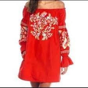SOLD!

Free people red embroidered mini dress tunic off shoulder